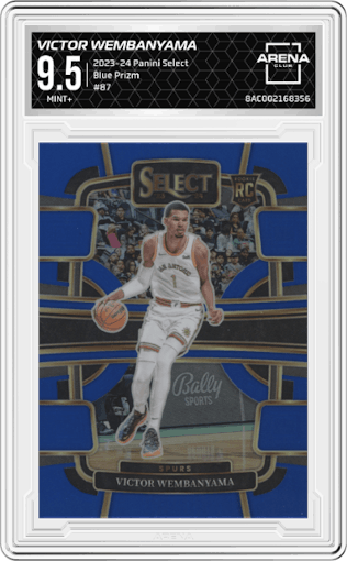 Victor Wembanyama from the 2023-24 Panini Select  set featuring a Blue Prizm parallel graded by Arena Club and given an overall grade of 9.5.
