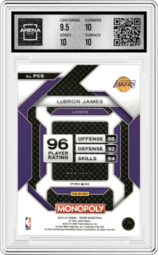 LeBron James from the 2023-24 Panini Prizm Monopoly set featuring a Brown parallel graded by Arena Club and given an overall grade of 10.