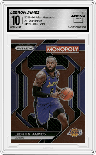 LeBron James from the 2023-24 Panini Prizm Monopoly set featuring a Brown parallel graded by Arena Club and given an overall grade of 10.