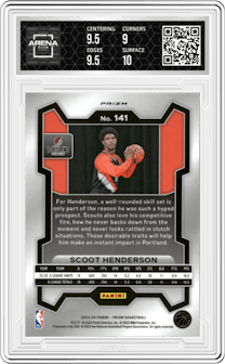 Scoot Henderson from the 2023-24 Panini Prizm set featuring a Pink Ice parallel graded by Arena Club and given an overall grade of 9.5.