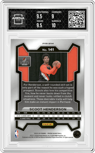 Scoot Henderson from the 2023-24 Panini Prizm set featuring a Pink Ice parallel graded by Arena Club and given an overall grade of 9.5.