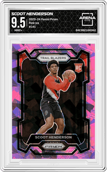 Scoot Henderson from the 2023-24 Panini Prizm set featuring a Pink Ice parallel graded by Arena Club and given an overall grade of 9.5.
