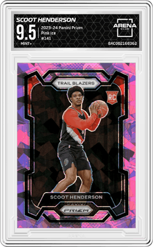 Scoot Henderson from the 2023-24 Panini Prizm set featuring a Pink Ice parallel graded by Arena Club and given an overall grade of 9.5.