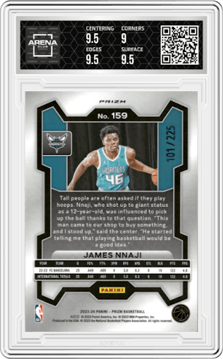 James Nnaji from the 2023-24 Panini Prizm set featuring a Teal Ice parallel graded by Arena Club and given an overall grade of 9.5.