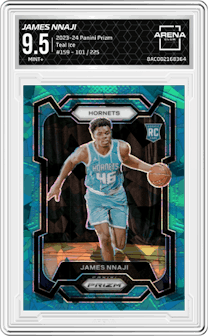 James Nnaji from the 2023-24 Panini Prizm set featuring a Teal Ice parallel graded by Arena Club and given an overall grade of 9.5.