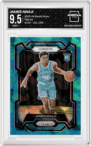 James Nnaji from the 2023-24 Panini Prizm set featuring a Teal Ice parallel graded by Arena Club and given an overall grade of 9.5.