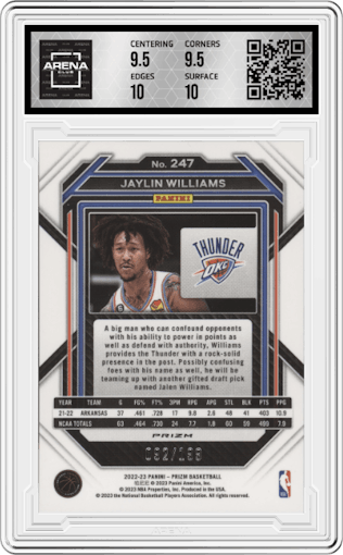 Jaylin Williams from the 2022-23 Panini Prizm  set featuring a Blue Prizm parallel graded by Arena Club and given an overall grade of 10.