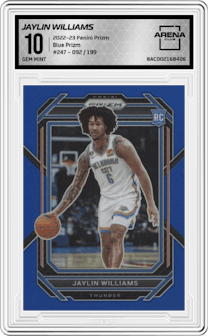 Jaylin Williams from the 2022-23 Panini Prizm  set featuring a Blue Prizm parallel graded by Arena Club and given an overall grade of 10.