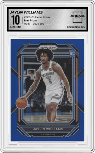 Jaylin Williams from the 2022-23 Panini Prizm  set featuring a Blue Prizm parallel graded by Arena Club and given an overall grade of 10.