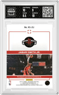 Jabari Smith Jr. from the 2022-23 Panini Photogenic set featuring a Maze parallel graded by Arena Club and given an overall grade of 9.
