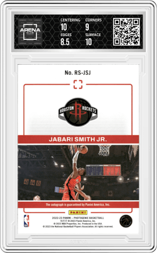 Jabari Smith Jr. from the 2022-23 Panini Photogenic set featuring a Maze parallel graded by Arena Club and given an overall grade of 9.