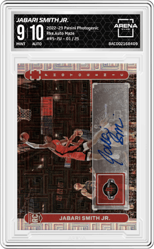 Jabari Smith Jr. from the 2022-23 Panini Photogenic set featuring a Maze parallel graded by Arena Club and given an overall grade of 9.