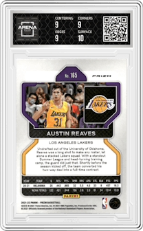 Austin Reaves from the 2021-22 Panini Prizm  set featuring a Hyper parallel graded by Arena Club and given an overall grade of 9.5.