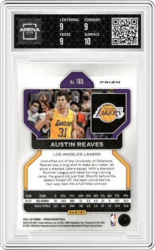 Austin Reaves from the 2021-22 Panini Prizm  set featuring a Hyper parallel graded by Arena Club and given an overall grade of 9.5.