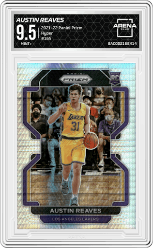 Austin Reaves from the 2021-22 Panini Prizm  set featuring a Hyper parallel graded by Arena Club and given an overall grade of 9.5.