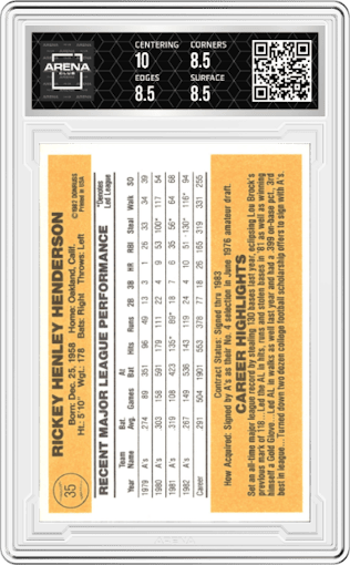 Rickey Henderson from the 1983 Donruss set graded by Arena Club and given an overall grade of 8.5.