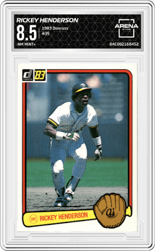Rickey Henderson from the 1983 Donruss set graded by Arena Club and given an overall grade of 8.5.