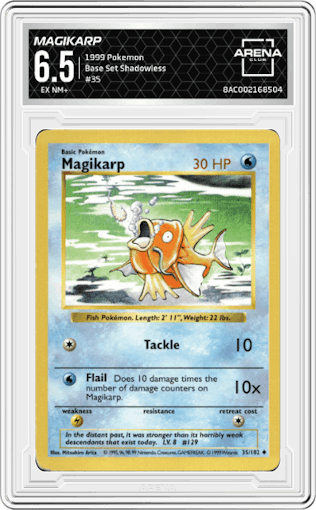 Magikarp from the 1999 Pokemon set graded by Arena Club and given an overall grade of 6.5.