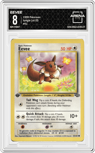 Eevee from the 1999 Pokemon set graded by Arena Club and given an overall grade of 8.