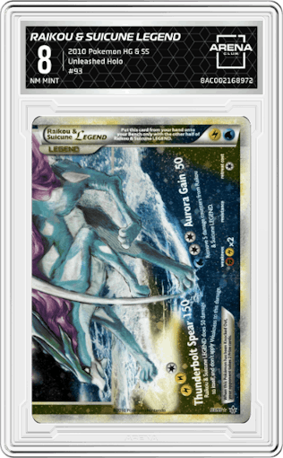 Raikou & Suicune LEGEND from the 2010 Pokemon HG & SS set graded by Arena Club and given an overall grade of 8.