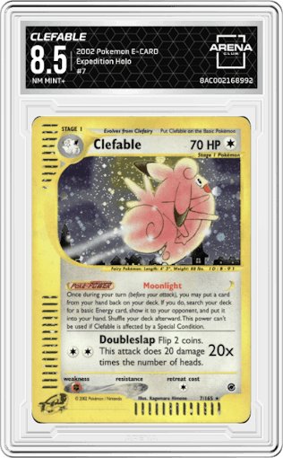 Clefable from the 2002 Pokemon E-CARD set graded by Arena Club and given an overall grade of 8.5.