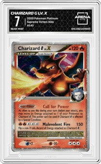Charizard G LV. X from the 2009 Pokemon Platinum set graded by Arena Club and given an overall grade of 7.