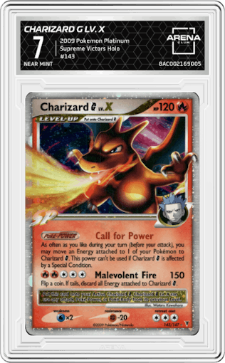 Charizard G LV. X from the 2009 Pokemon Platinum set graded by Arena Club and given an overall grade of 7.