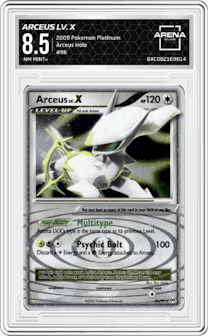Arceus LV. X from the 2009 Pokemon Platinum set graded by Arena Club and given an overall grade of 8.5.