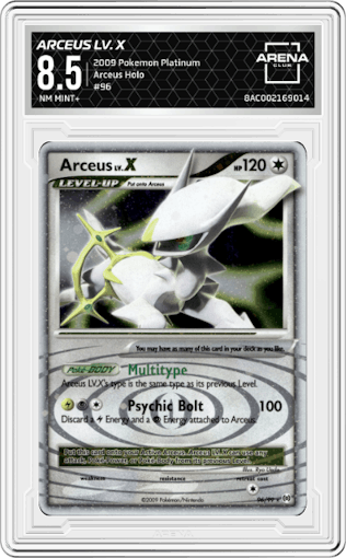 Arceus LV. X from the 2009 Pokemon Platinum set graded by Arena Club and given an overall grade of 8.5.