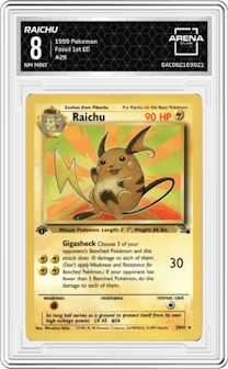 Raichu from the 1999 Pokemon set graded by Arena Club and given an overall grade of 8.