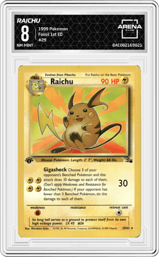 Raichu from the 1999 Pokemon set graded by Arena Club and given an overall grade of 8.