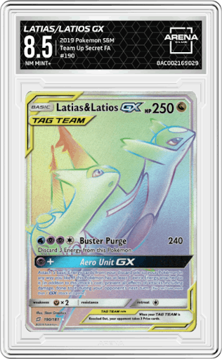 Latias/Latios GX from the 2019 Pokemon S&M  set graded by Arena Club and given an overall grade of 8.5.