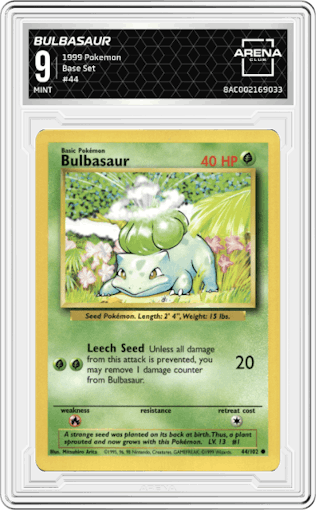 Bulbasaur from the 1999 Pokemon set graded by Arena Club and given an overall grade of 9.