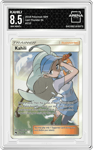 Kahili from the 2018 Pokemon S&M  set graded by Arena Club and given an overall grade of 8.5.