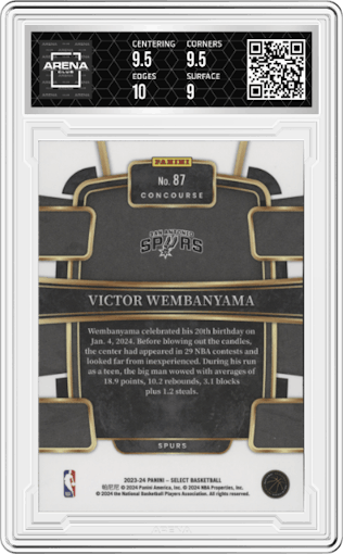 Victor Wembanyama from the 2023-24 Panini Select  set graded by Arena Club and given an overall grade of 9.5.