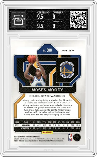 Moses Moody from the 2021-22 Panini Prizm  set featuring a Blue NBA 75th Prizm parallel graded by Arena Club and given an overall grade of 9.5.