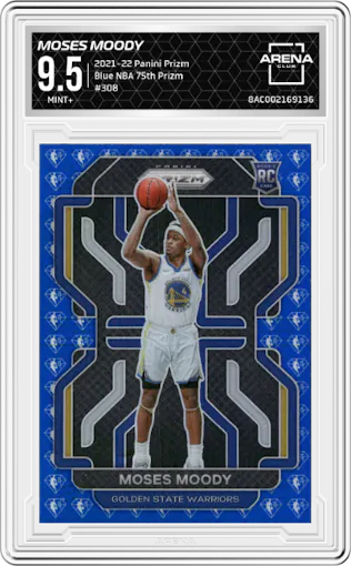 Moses Moody from the 2021-22 Panini Prizm  set featuring a Blue NBA 75th Prizm parallel graded by Arena Club and given an overall grade of 9.5.
