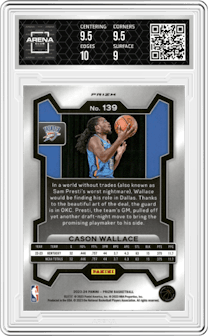 Cason Wallace from the 2023-24 Panini Prizm set featuring a Silver Prizm  parallel graded by Arena Club and given an overall grade of 9.5.