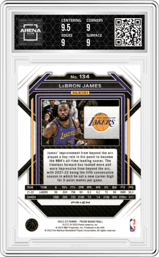 LeBron James from the 2022-23 Panini Prizm  set featuring a Choice Blue/Yellow/Green parallel graded by Arena Club and given an overall grade of 9.