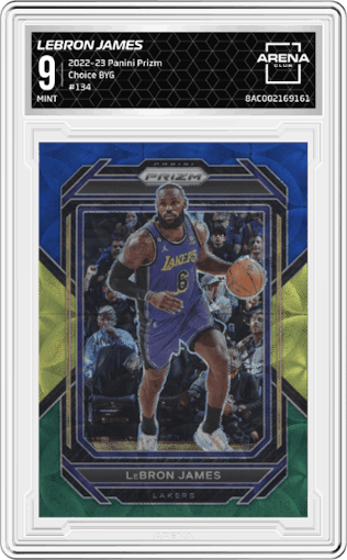 LeBron James from the 2022-23 Panini Prizm  set featuring a Choice Blue/Yellow/Green parallel graded by Arena Club and given an overall grade of 9.