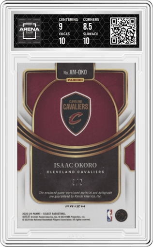 Isaac Okoro from the 2023-24 Panini Select  set featuring a Green parallel graded by Arena Club and given an overall grade of 9.