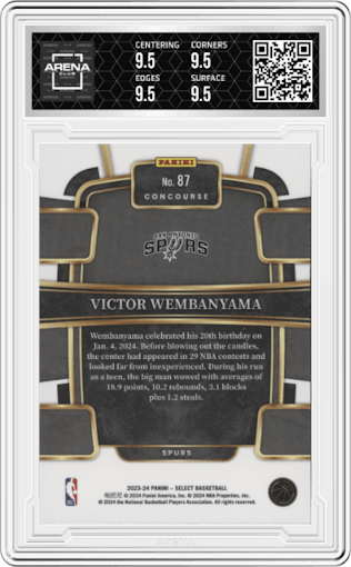 Victor Wembanyama from the 2023-24 Panini Select  set graded by Arena Club and given an overall grade of 9.5.