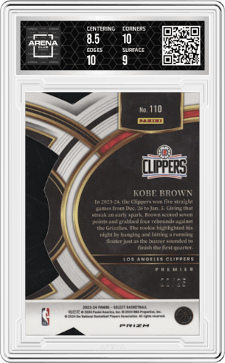 Kobe Brown from the 2023-24 Panini Select  set featuring a Die-Cut Tie-Dye parallel graded by Arena Club and given an overall grade of 9.