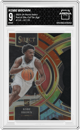 Kobe Brown from the 2023-24 Panini Select  set featuring a Die-Cut Tie-Dye parallel graded by Arena Club and given an overall grade of 9.