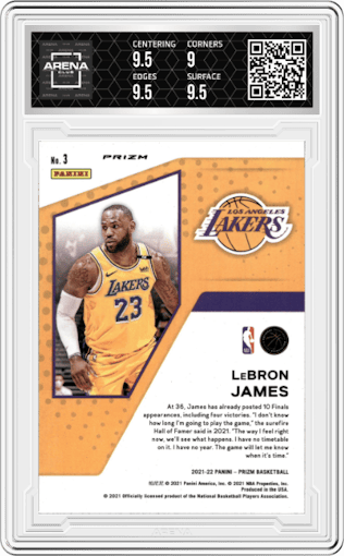 LeBron James from the 2021-22 Panini Prizm  set featuring a Fast Break parallel graded by Arena Club and given an overall grade of 9.5.