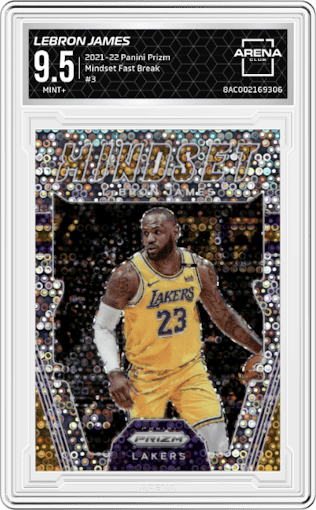 LeBron James from the 2021-22 Panini Prizm  set featuring a Fast Break parallel graded by Arena Club and given an overall grade of 9.5.