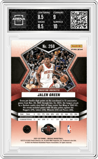 Jalen Green from the 2021-22 Panini Mosaic  set featuring a Red Wave parallel graded by Arena Club and given an overall grade of 9.