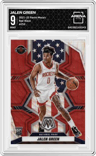 Jalen Green from the 2021-22 Panini Mosaic  set featuring a Red Wave parallel graded by Arena Club and given an overall grade of 9.