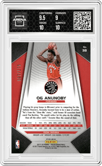 OG Anunoby from the 2017-18 Panini Prizm  set featuring a Fast Break Blue parallel graded by Arena Club and given an overall grade of 9.5.