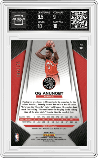 OG Anunoby from the 2017-18 Panini Prizm  set featuring a Fast Break Blue parallel graded by Arena Club and given an overall grade of 9.5.